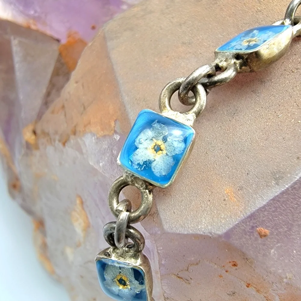 VTG Art Deco Resin Floral Tiny Flowers 925 Signed Sterling Silver Bracelet 14g